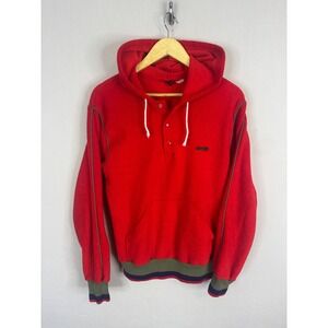 Vintage Red Fleece Henley Hoodie Terry Cloth Kangaroo Pocket Pullover 80s 70s
